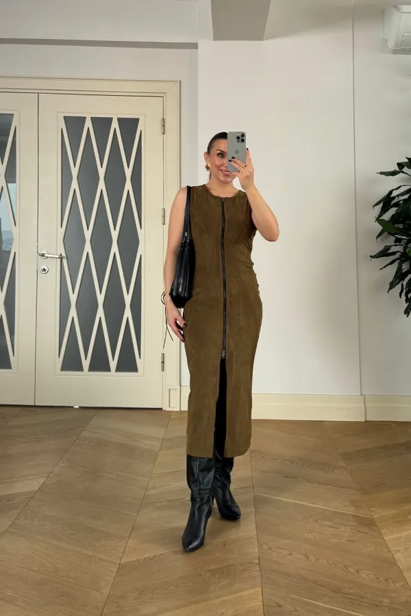 Suni Süet Sıfır Kol Midi Elbise