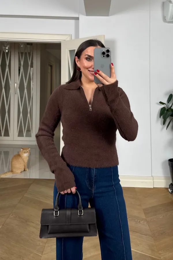 Polo Yaka Fermuarlı Triko Kadın Kazak