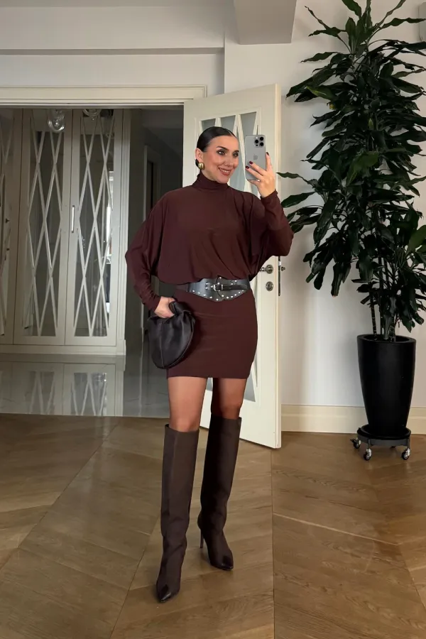 Yarasa Kol Kemerli Mini Elbise