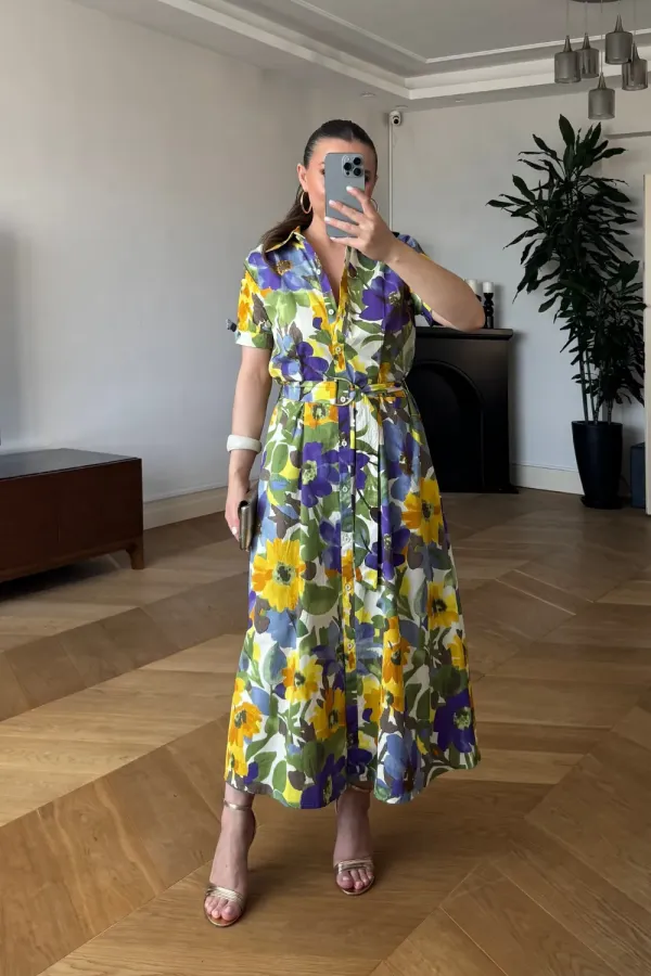 Çiçek Desenli Midi Gömlek Elbise