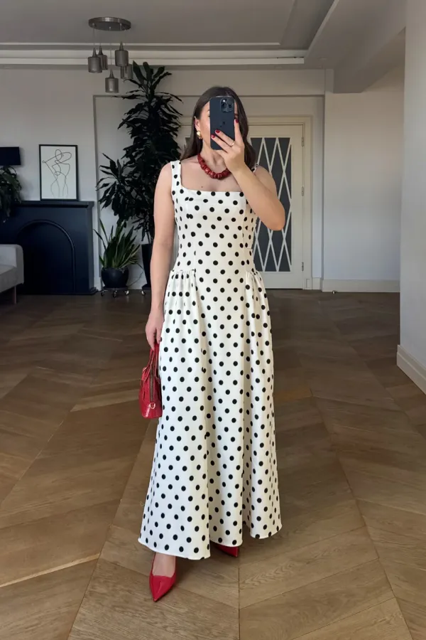 Square Neck Polka Dot Strappy Midi Dress Square Neck Polka Dot Strappy Midi Dress