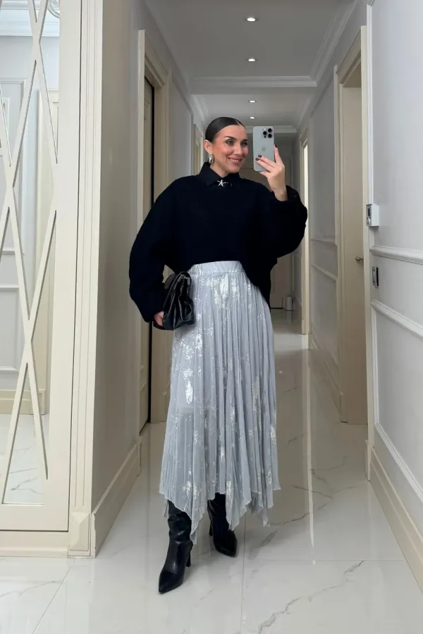 Asimetrik Kesim Midi Tül Etek