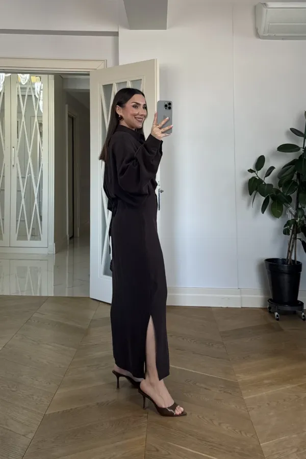 Kuşak Detaylı Uzun Kollu Gömlek Elbise