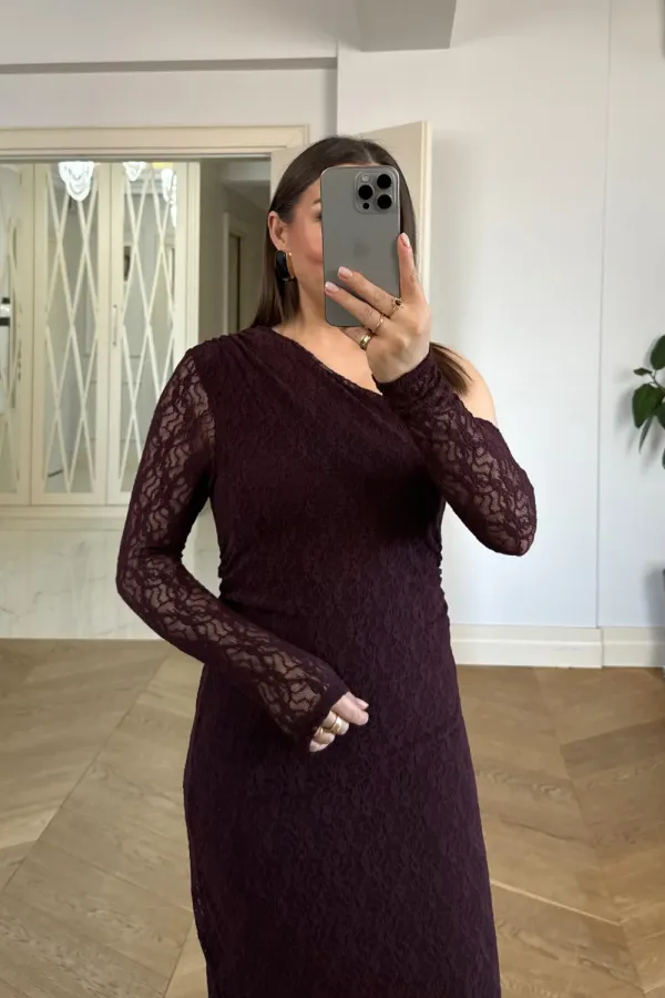 Asimetrik Yaka Dantel Midi Elbise
