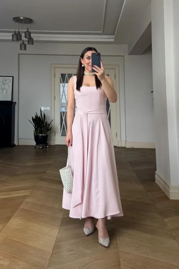 Square Neck Strappy Midi Dress
