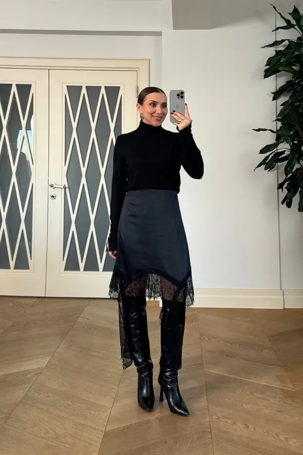 Dantelli Saten Mini Etek