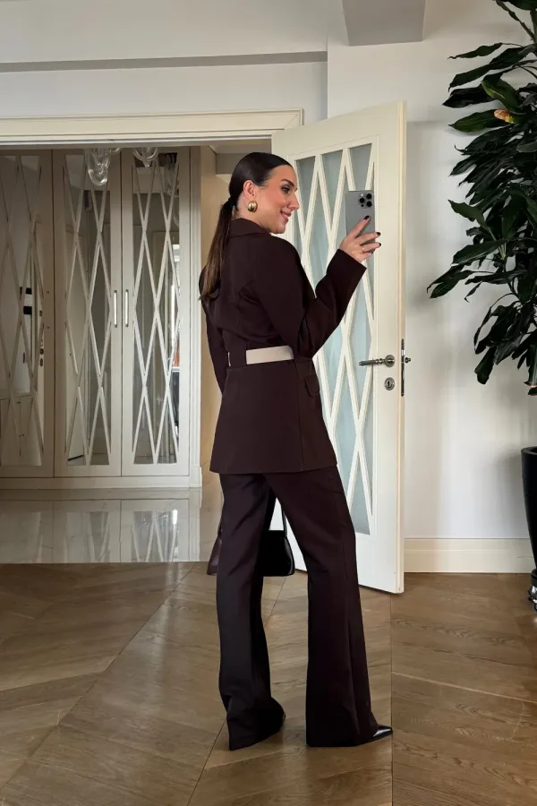 Kemerli Blazer Ceket Pantolon Kadın Takım
