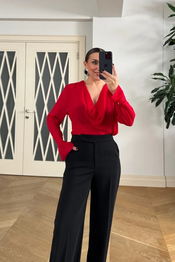 Blouse with V-neck and Sleeve Details