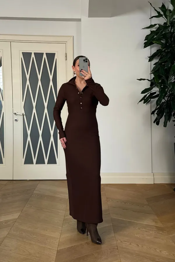 Fitilli Dik Yaka  Uzun Kollu Uzun Elbise