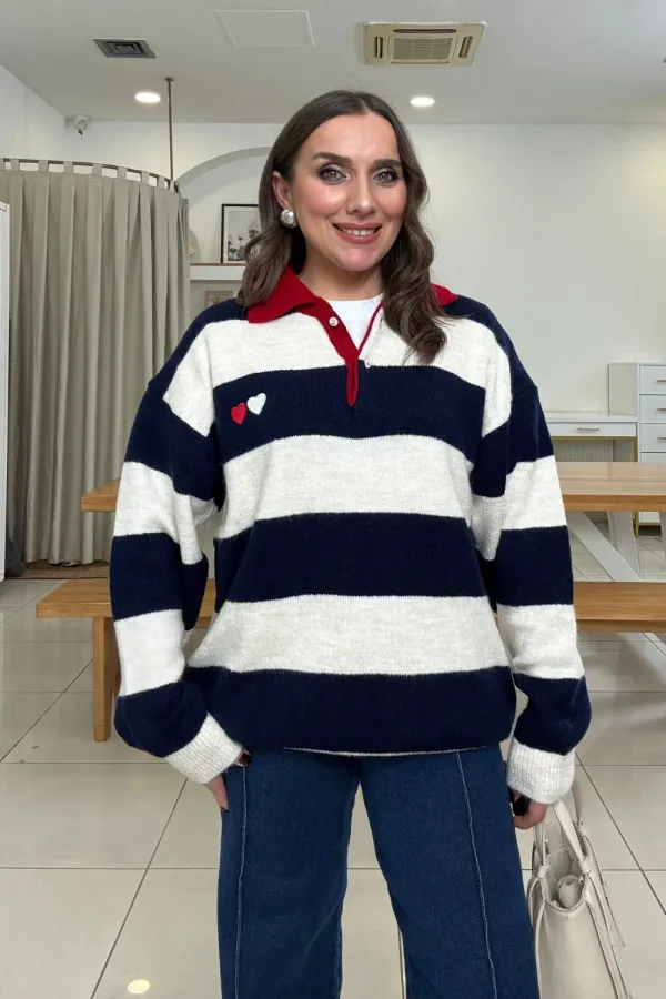 Polo Yaka Çizgili Triko Kadın Kazak