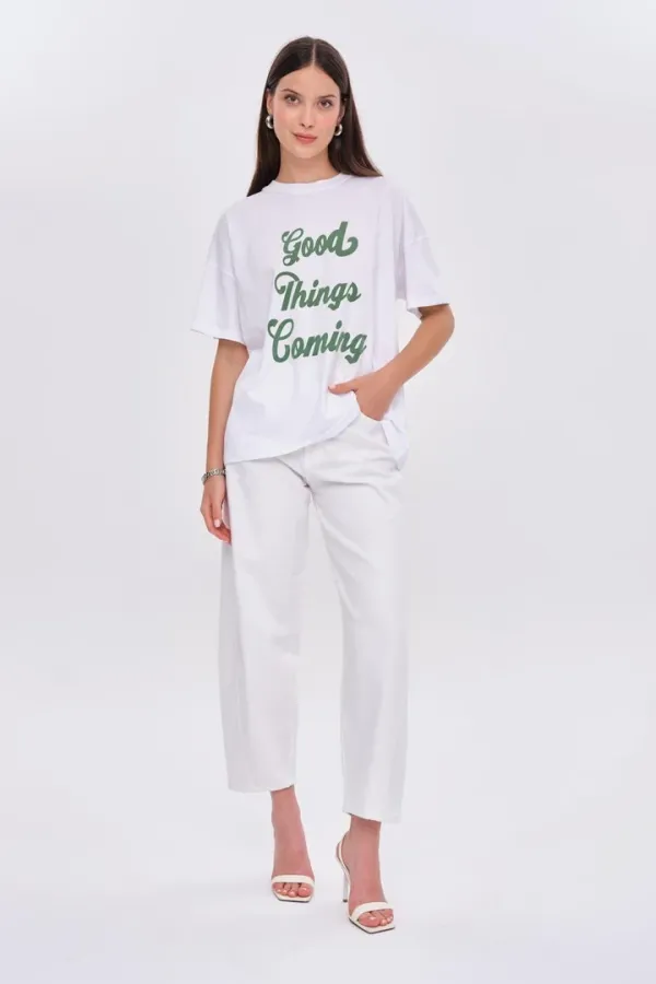 Oversize Baskılı Kısa Kollu Kadın Tişört %100 Pamuk