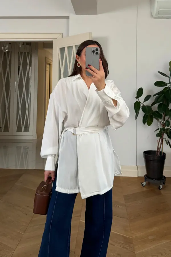 Kruvaze Kemerli Uzun Kollu Bluz