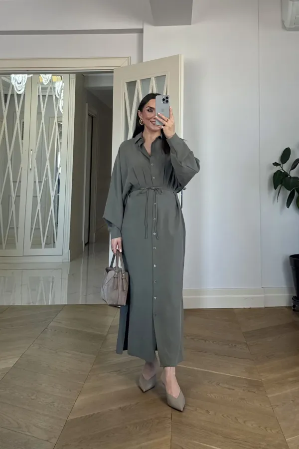 Kuşak Detaylı Uzun Kollu Gömlek Elbise