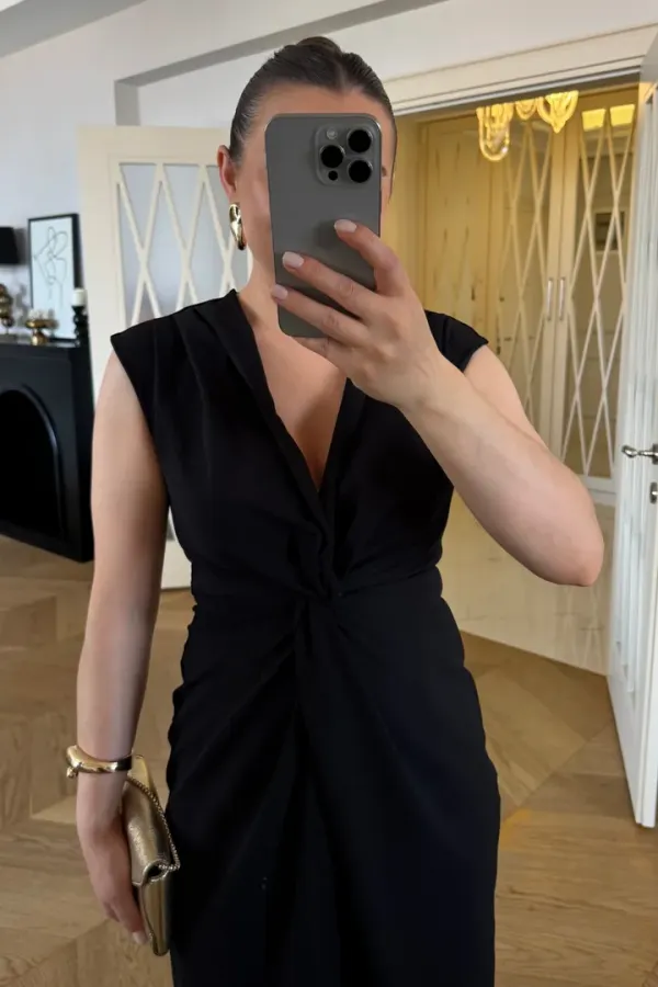 Düğüm Detaylı Sıfır Kol Midi Elbise