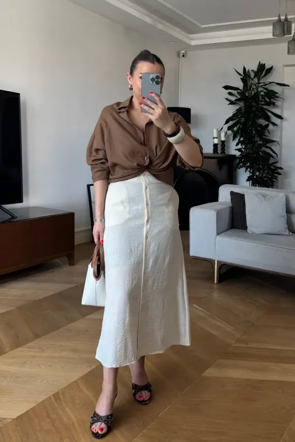 Keten Karışımlı Düğmeli Midi Etek