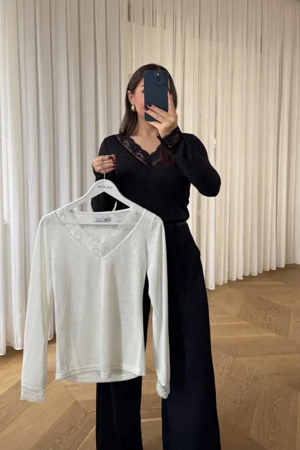 V Yaka Dantel Detaylı Bluz