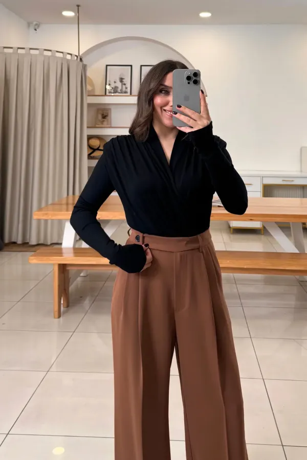Wrap-Neck Padded Long-Sleeved Bodysuit