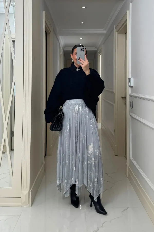 Asimetrik Kesim Midi Tül Etek