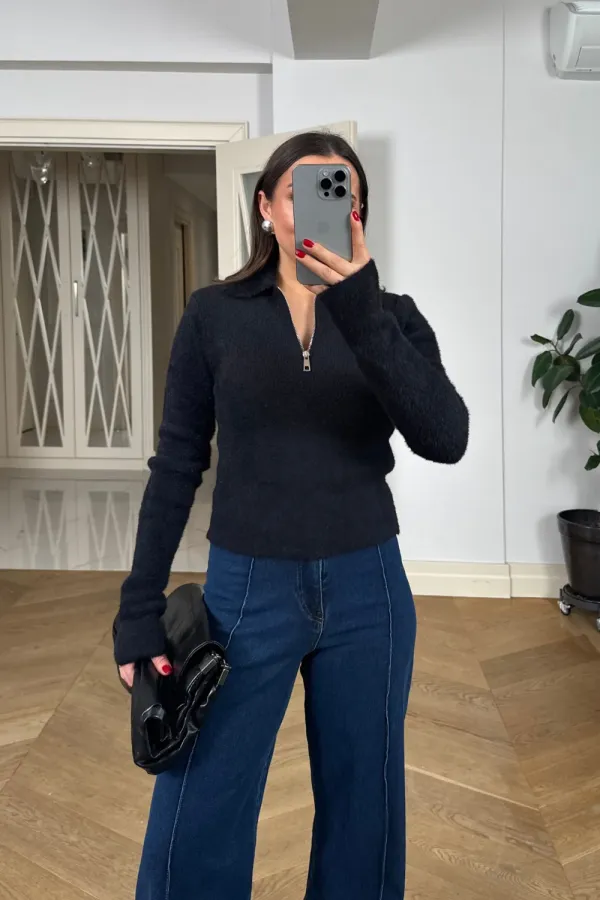 Polo Yaka Fermuarlı Triko Kadın Kazak