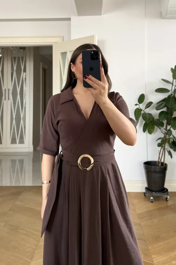 Kruvaze Yaka Kısa Kollu Uzun Elbise