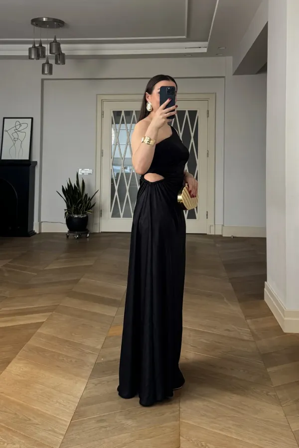 One-Sleeve Long Dress with Waistline Cutout One-Sleeve Long Dress with Waistline Cutout