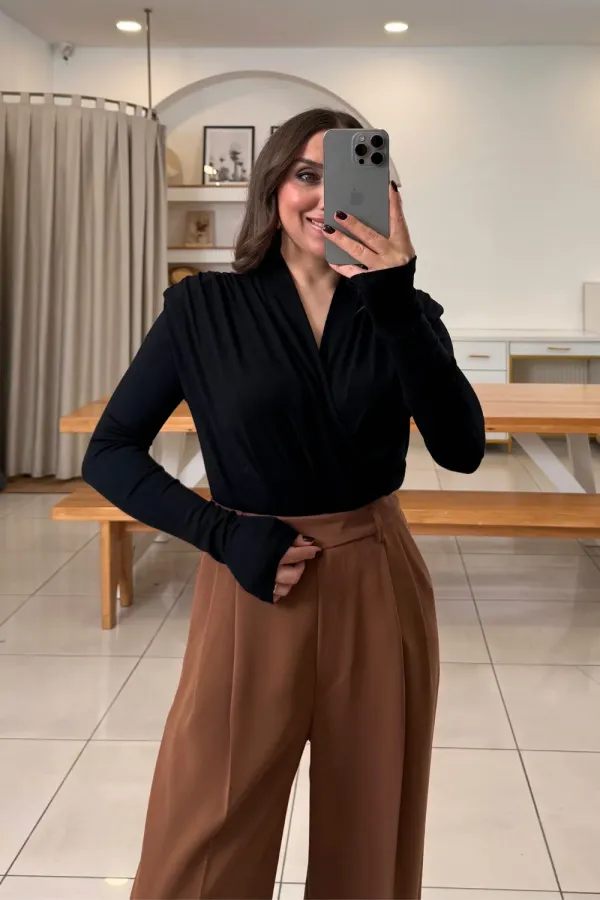 Wrap-Neck Padded Long-Sleeved Bodysuit