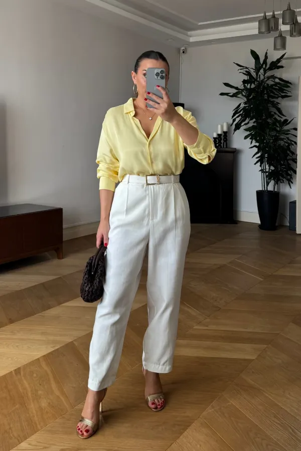 Pileli Keten Kadın Pantolon