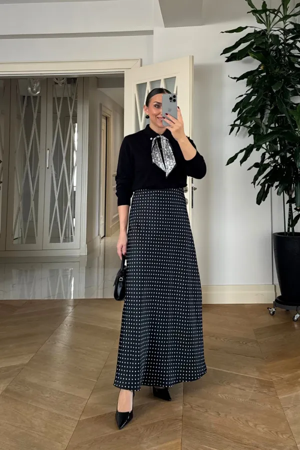 Puantiyeli Saten Uzun Etek