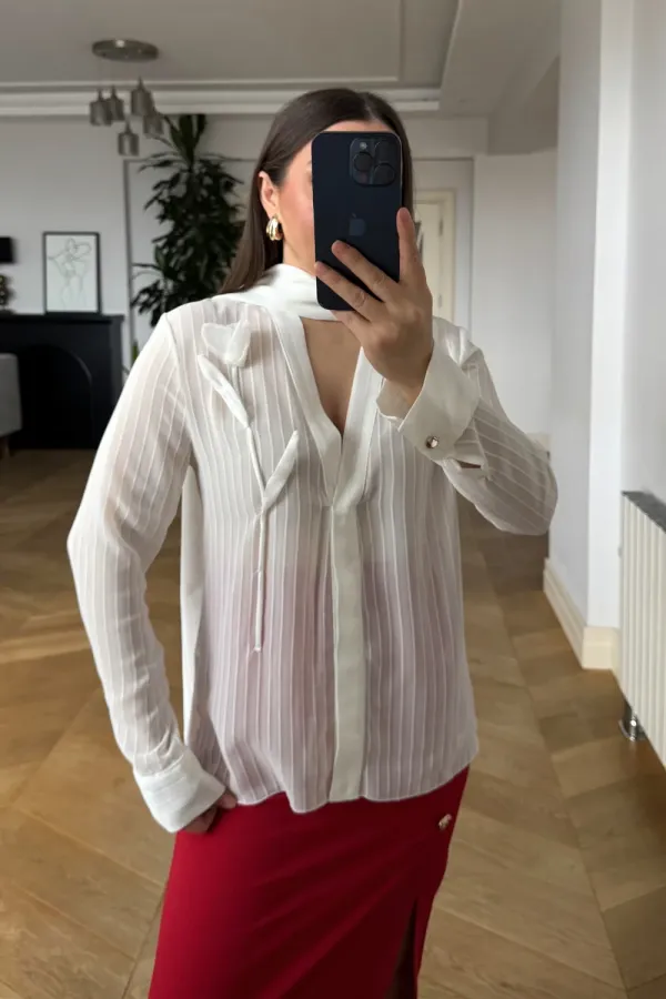 V-Neck Scarf Detailed Chiffon Blouse