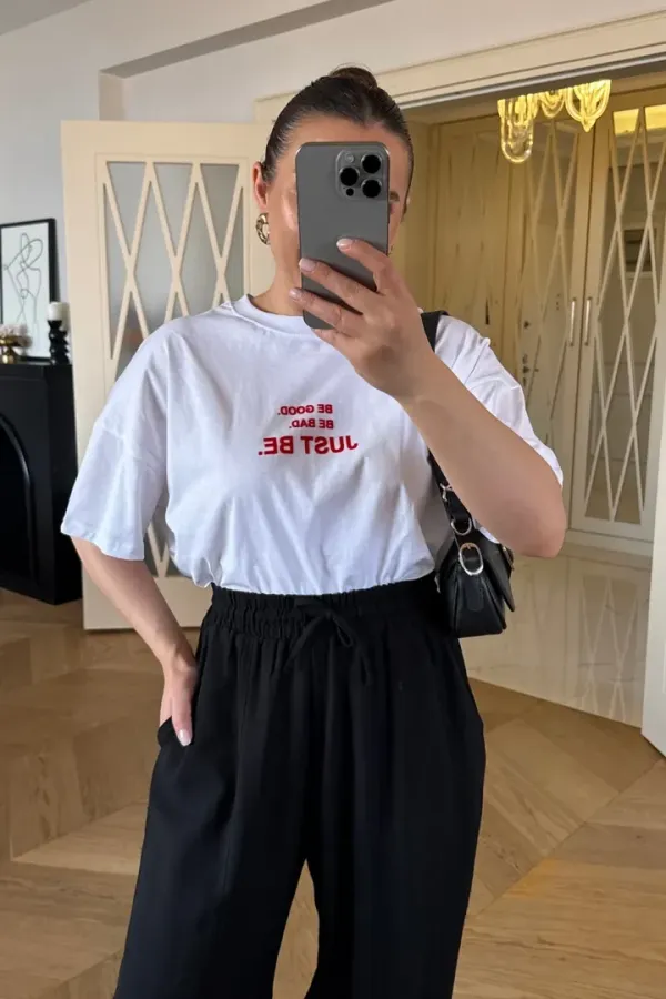 Bisiklet Yaka Baskılı Kısa Kollu Kadın Tişört %100 Pamuk