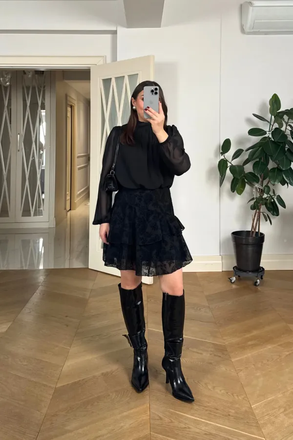 Pile Detaylı Şifon Mini Elbise