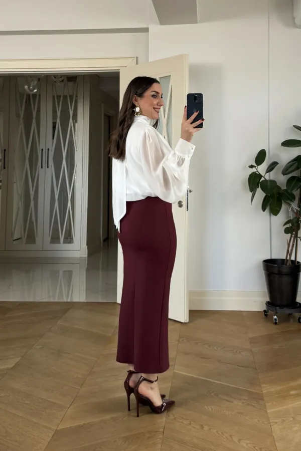 Midi Pencil Skirt with Slit and Button Detail