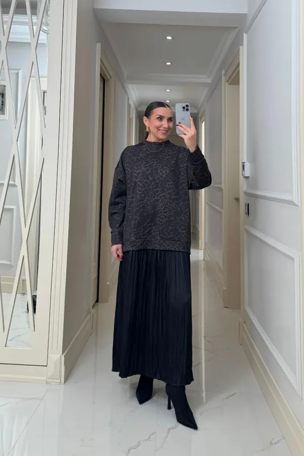 Leopar Desenli Sweat Uzun Elbise