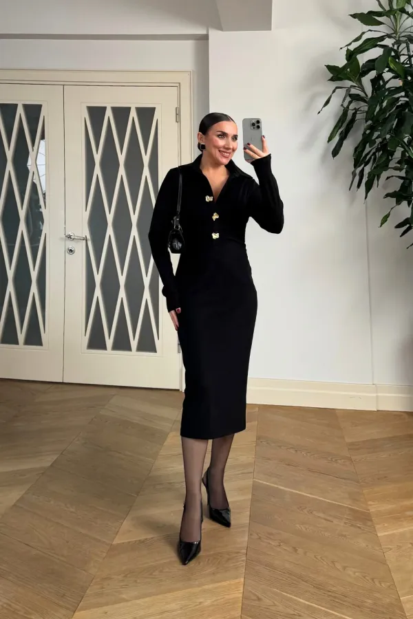 Kadife Dokulu Midi Gömlek Elbise