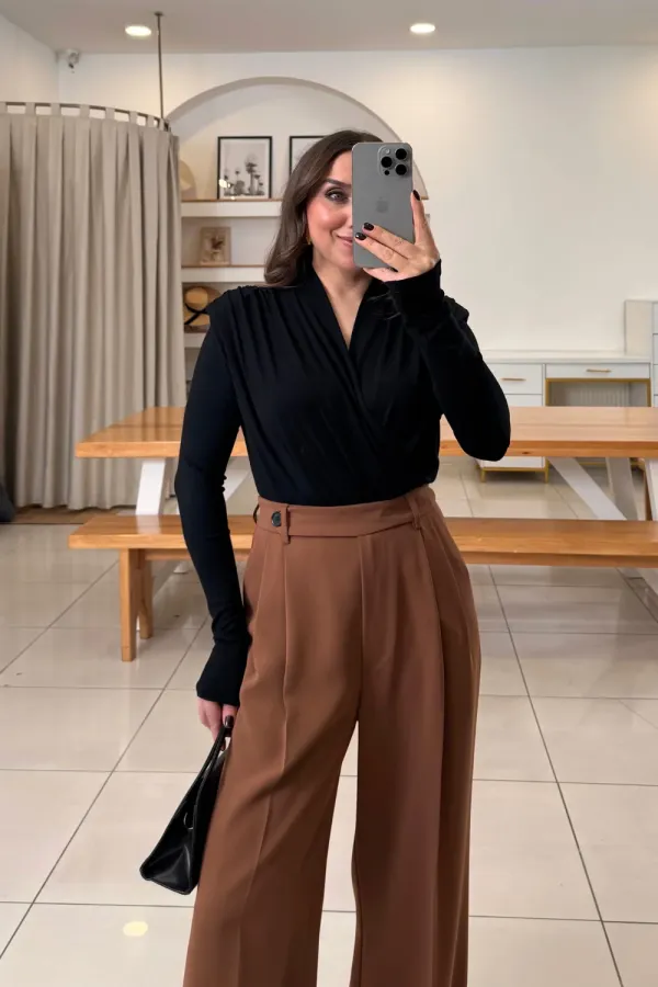 Wrap-Neck Padded Long-Sleeved Bodysuit