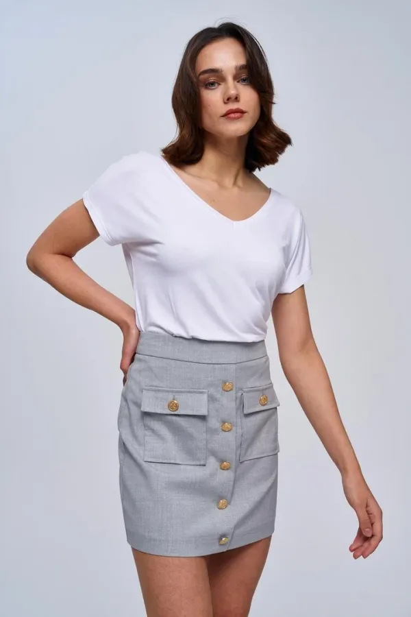 Düğme Detaylı Mini Etek
