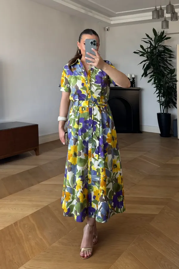 Çiçek Desenli Midi Gömlek Elbise