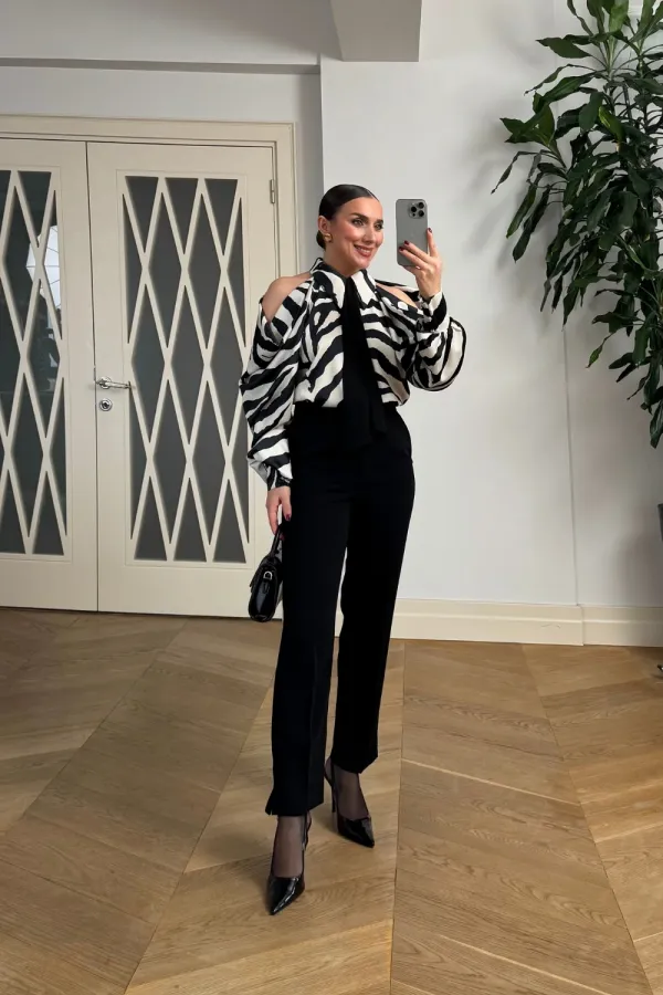 Omuz Dekolteli Desenli Uzun Kollu Bluz