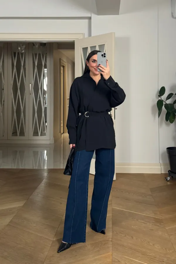 Kruvaze Kemerli Uzun Kollu Bluz