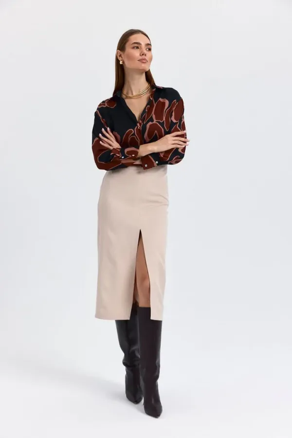 Yüksek Bel Yırtmaçlı Düz Kesim Midi Etek