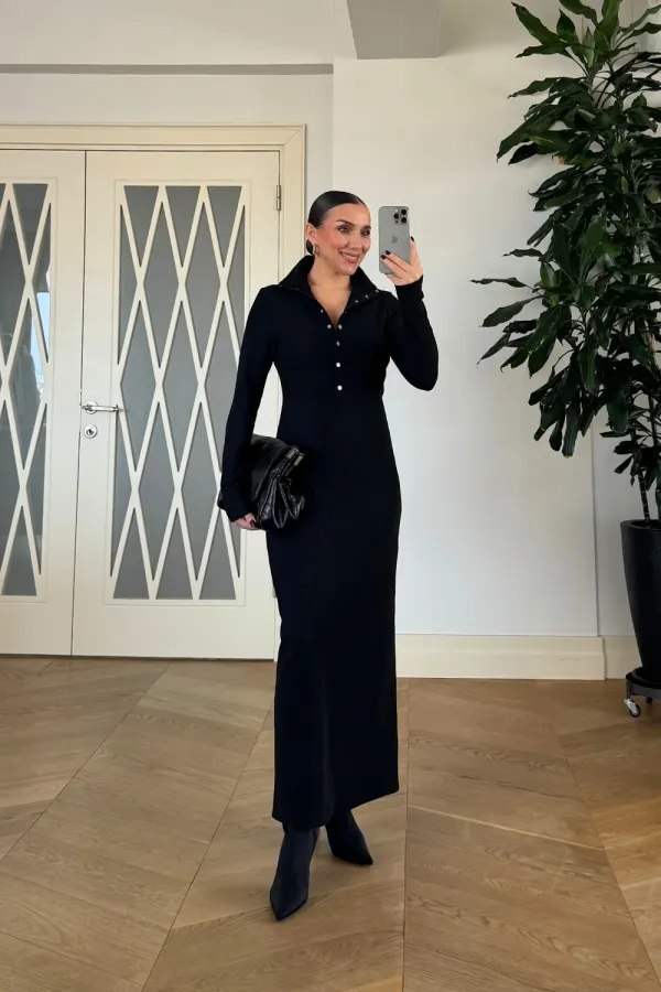 Fitilli Dik Yaka  Uzun Kollu Uzun Elbise