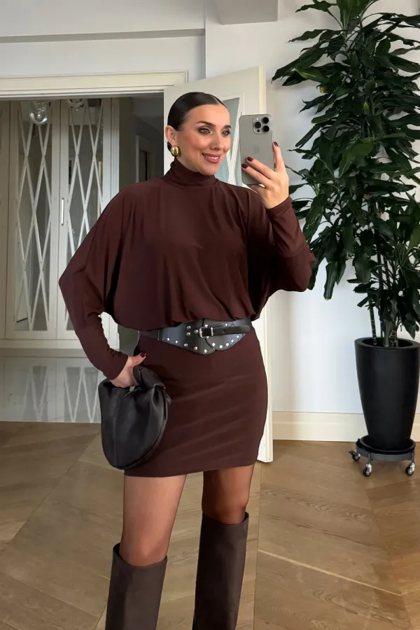 Yarasa Kol Kemerli Mini Elbise