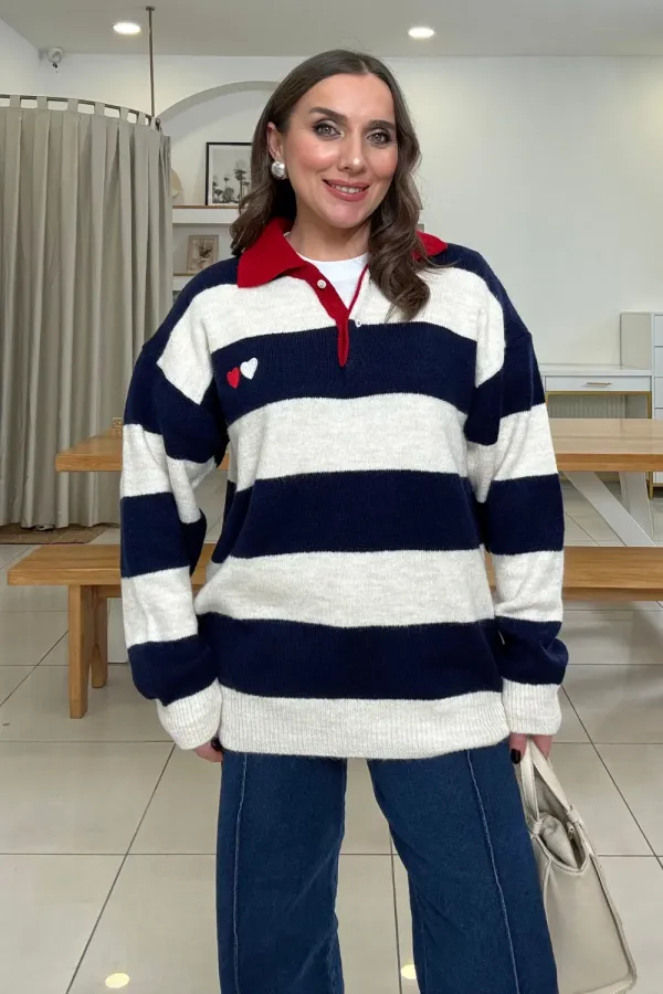 Polo Yaka Çizgili Triko Kadın Kazak