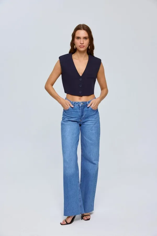 Düğmeli Crop Kadın Yelek