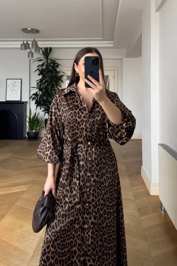 Leopar Desenli Gömlek Elbise