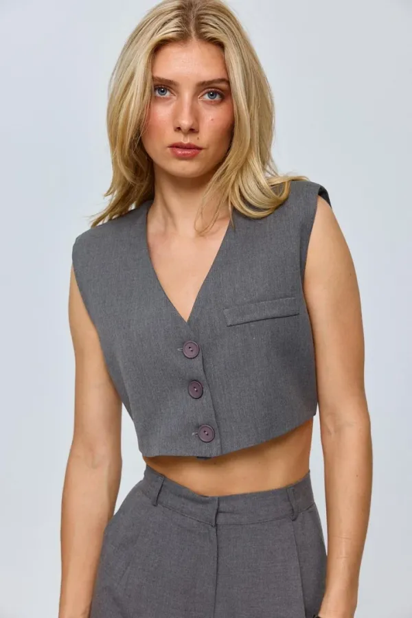 Düğmeli Crop Kadın Yelek