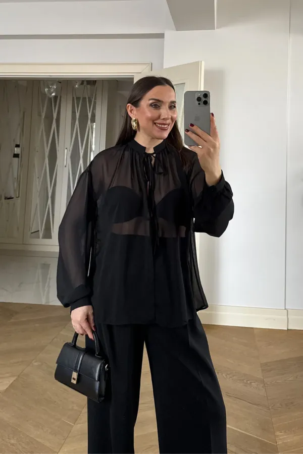 Chemisier en mousseline à manches longues et col mandarin