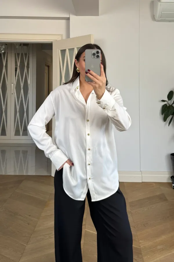 Gold Düğmeli Saten Kadın Gömlek