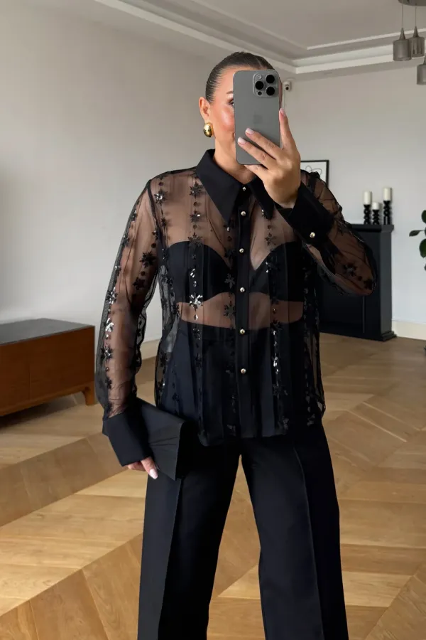 Transparan Tül Kadın Gömlek