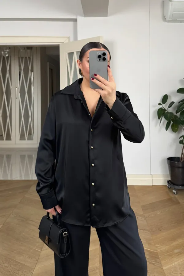 Gold Düğmeli Saten Kadın Gömlek